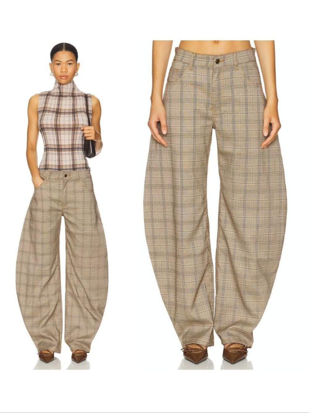LIONESS Horseshoe Barrel Leg Pants Size XS Check EUC